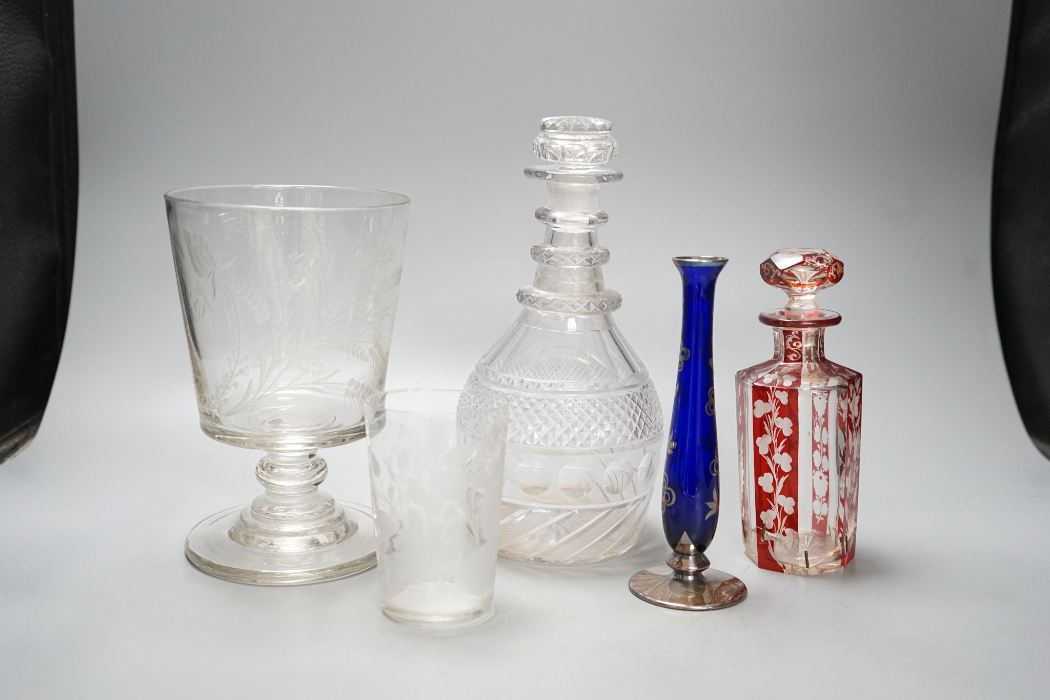 A George III large presentation glass rummer, a Regency decanter and other items (5) 25cm
